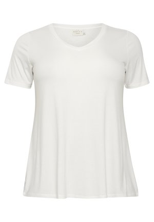 Weißes Kurzarm-V-Ausschnitt-T-Shirt aus weichem Stoff. Hat eine lockere Passform mit seitlichen Schlitzen für Bewegungsfreiheit. Glatte, ungemusterte Textur.