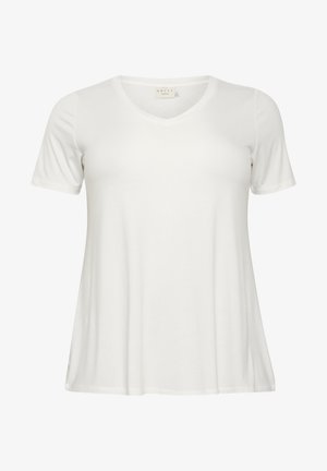 T-shirt blanc à manches courtes en V en tissu doux. Présente une coupe décontractée avec des fentes sur les côtés pour un confort de mouvement. Texture lisse et unie.