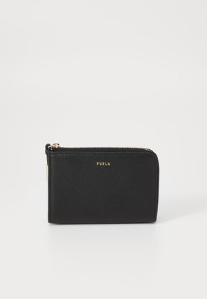 Black leather wallet with a textured finish, features a gold zipper and branding on the front, compact rectangular shape.