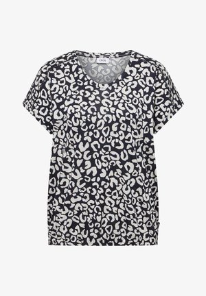 Zwart-wit T-shirt met korte mouwen, ronde hals en onregelmatig luipaardprintpatroon, elastische zoom en een merklipje "Cecil" op de kraag.