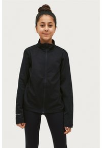 Zwarte zip-up jas met hoge kraag, gladde textuur, lange mouwen en subtiele branding op de manchet. Geschikt voor sportkleding.