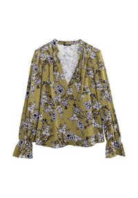 Olivgrüne Bluse mit tiefem V-Ausschnitt, langen Puffärmel und schwarz-weißem Blumenmuster. Hergestellt aus leichtem Stoff mit glatter Textur.
