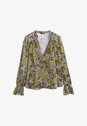 Blouse vert olive avec un décolleté en V profond, des manches bouffantes longues, et un motif floral noir et blanc. Fabriquée en tissu léger avec une texture douce.