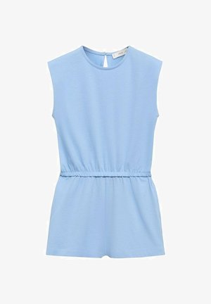 Himmelblauer ärmelloser Jumpsuit mit rundem Ausschnitt, elastischem Taillenbund und Schlüsselrücken-Details, aus einem weichen, glatten Stoff gefertigt.