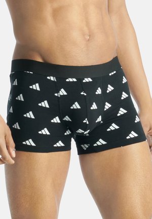 Black boxer briefs with white triangle pattern, made of stretchable fabric, featuring a solid black waistband and snug fit design.