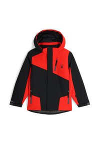 Giacca impermeabile rossa e nera con cappuccio, caratterizzata da blocchi di colore angolari, tasche con zip e un logo sul petto.