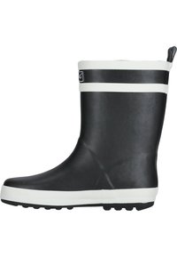 Botte de pluie en caoutchouc noir avec des rayures horizontales blanches, bout rond, semelle texturée et languette à l'arrière. Fini lisse sans motifs.
