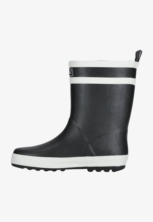 Botte de pluie en caoutchouc noir avec des rayures horizontales blanches, bout rond, semelle texturée et languette à l'arrière. Fini lisse sans motifs.