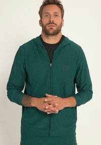 Sudadera verde con cremallera fabricada en tejido texturizado, con cremallera frontal, capucha y mangas largas. Diseño simple con un pequeño logotipo en el pecho.