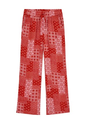 Raudonos plačios kelnės su elastine juosta ir patchwork gėlių raštais įvairių raudonos ir rožinės atspalvių.