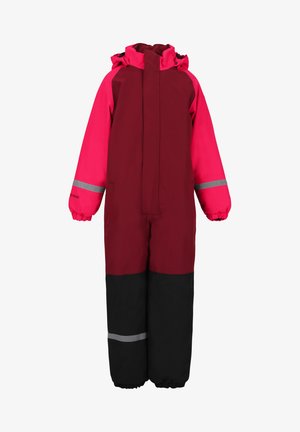 Roter und rosa isolierter Schneeanzug mit Kapuze, elastischen Bündchen und reflektierenden grauen Streifen an Ärmeln und Beinen. Verfügt über einen durchgehenden Reißverschluss vorne.