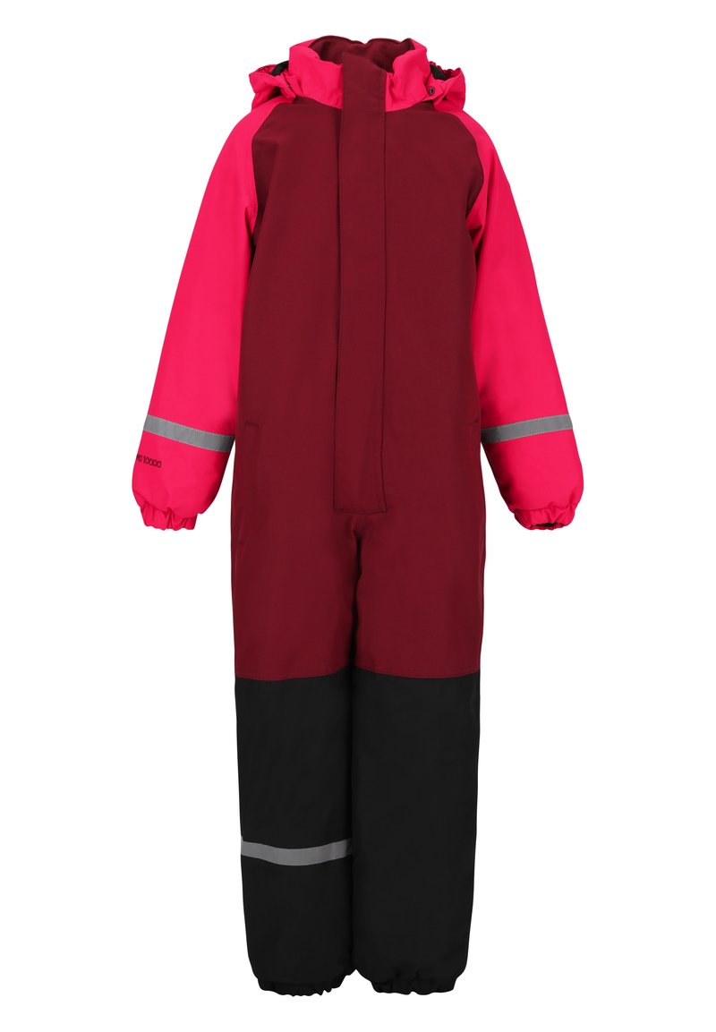 Combinaison de ski isolée rouge et rose avec capuche, poignets élastiques et bandes réfléchissantes grises sur les manches et les jambes. Dotée d'une fermeture éclair frontale complète.