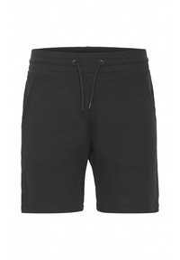 Black shorts made from textured material with an elastic waistband and drawstring. Features side pockets and a knee-length cut.