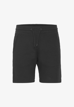 Black shorts made from textured material with an elastic waistband and drawstring. Features side pockets and a knee-length cut.