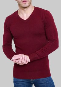 Pull en V bordeaux, texture tricotée, manches longues, design ajusté, associé à un jean bleu, mains jointes devant.