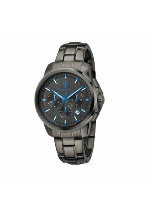 Orologio da polso Maserati in acciaio inossidabile nero con indici delle ore blu, subquadranti cronografici e una finestra per la data alle quattro.