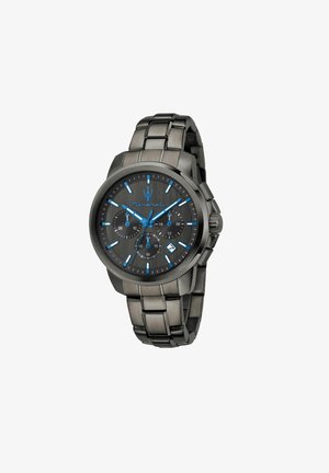 Schwarze Maserati Armbanduhr aus Edelstahl mit blauen Stundenmarkierungen, Chronographen-Subdials und einem Datumsfenster bei vier Uhr.