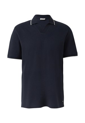 Marineblaues Polo-Shirt mit kurzen Ärmeln, weißem Besatz am Kragen und an den Ärmelsäumen, mit V-Ausschnitt.