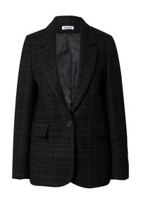 Zwarte geweven blazer met een notch-raag, sluiting met één knop, twee voorzakken en een gladde binnenvoering.