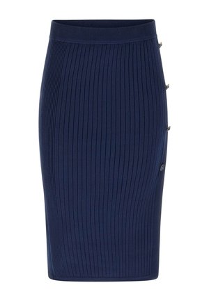 Jupe crayon en maille côtelée bleu marine avec taille haute et boutons décoratifs le long de la couture latérale droite.