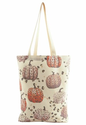 Canvas draagtas met een crèmewitte achtergrond met kleurrijke pompoenen in oranje, paars en met vlekken; stevig materiaal en lange hengsels.