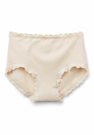 Culotte beige en coton avec une bordure en dentelle festonnée le long de la taille et des ouvertures de jambe. Texture douce avec un design taille mi-haute.