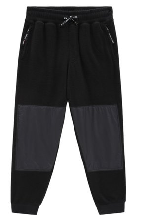 Zwarte fleece joggingbroeken met grijze nylon panelen op de dijen, elastische tailleband en zakken. Zachte textuur met een tapering fit bij de enkels.