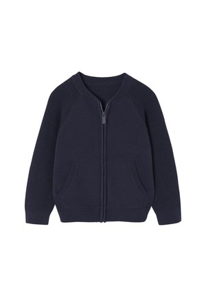 Marineblauer Reißverschluss-Strickcardigan aus gestricktem Stoff, mit strukturierten Schulterakzenten und zwei Vordertaschen. Ideal zum Layering.