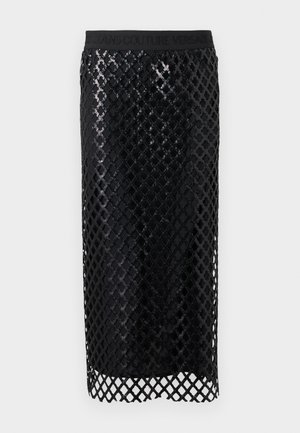 Črna midi krilo z bleščečim sequin rešetkastim vzorcem in elastičnim pasom z vtisnjenim logotipom.