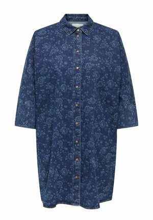 Jeans obleka v temno modri barvi z modnim cvetličnim vzorcem, z gumbi spredaj, s špičastim ovratnikom in rokavi tri četrtine dolžine. Tkanina ima teksturirano obdelavo.