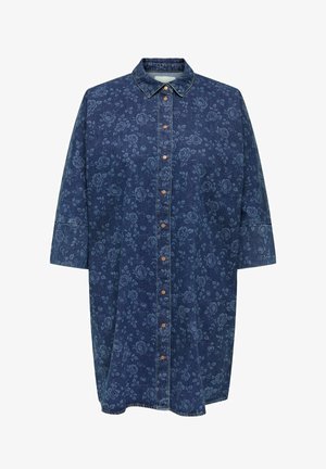 Jeans obleka v temno modri barvi z modnim cvetličnim vzorcem, z gumbi spredaj, s špičastim ovratnikom in rokavi tri četrtine dolžine. Tkanina ima teksturirano obdelavo.