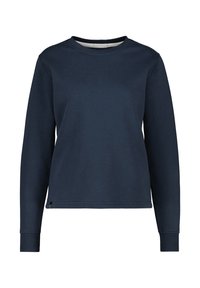 Marineblauwe sweatshirt met lange mouwen, ronde halslijn en geribde manchetten. Heeft een eenvoudig ontwerp en een zachte textuur, geschikt voor casual gedragen.