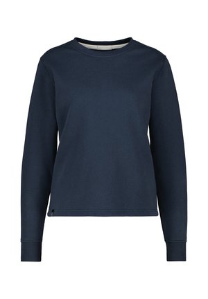 Felpa blu navy con maniche lunghe, colletto rotondo e polsini a costine. Presenta un design semplice e una texture morbida, adatta per un abbigliamento casual.