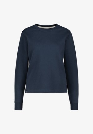 Felpa blu navy con maniche lunghe, colletto rotondo e polsini a costine. Presenta un design semplice e una texture morbida, adatta per un abbigliamento casual.