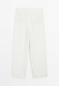 White pinstriped trousers with a relaxed fit, featuring a smooth texture, straight legs, and two back pockets.
