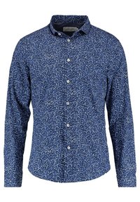 Camicia a maniche lunghe blu a fiori con colletto a bottoni, motivo di piccoli fiori bianchi e azzurri, e una vestibilità rilassata.