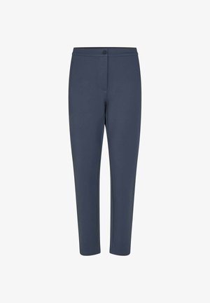 Marineblå bukser i et glat stof med slim fit, der har en knaplukning og to frontlommer. Rene linjer og ingen synlige mønstre.