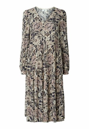 Vestido midi de manga larga con escote en V, cintura fruncida y patrón floral de paisley en tonos beige, negro y rosa apagado.