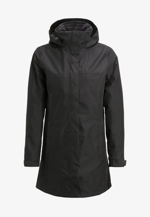 Parka preta à prova d'água com capuz, apresentando um corte reto, textura suave e design minimalista. Frente com zíper e dois bolsos de peito.