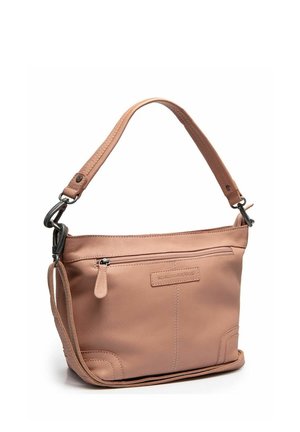 Borsa a tracolla in pelle marrone chiaro con tasca superiore con cerniera, angoli arrotondati e tracolla regolabile con fibbie in metallo.