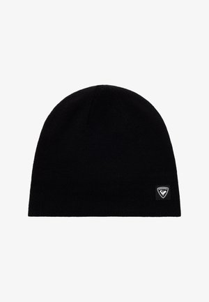 Zwarte gebreide beanie met een klein rechthoekig label met daarop een wit Rossignol-logo aan de onderrand.