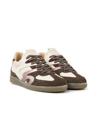 Brown and cream sneaker with suede and leather uppers, metallic pink accents, textured laces, and a translucent rubber sole.