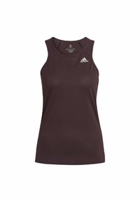 Donkerpaars tanktop gemaakt van ademend materiaal. Klassiek ontwerp met een ronde hals en een klein wit Adidas-logo op de bovenste linkerborst.