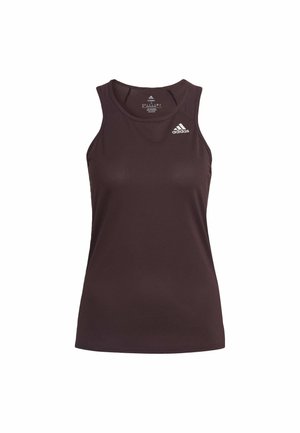 Ciemnofioletowy top na ramiączkach wykonany z oddychającego materiału. Klasyczny fason z okrągłym dekoltem i małym białym logo Adidas na górnej lewej stronie klatki piersiowej.
