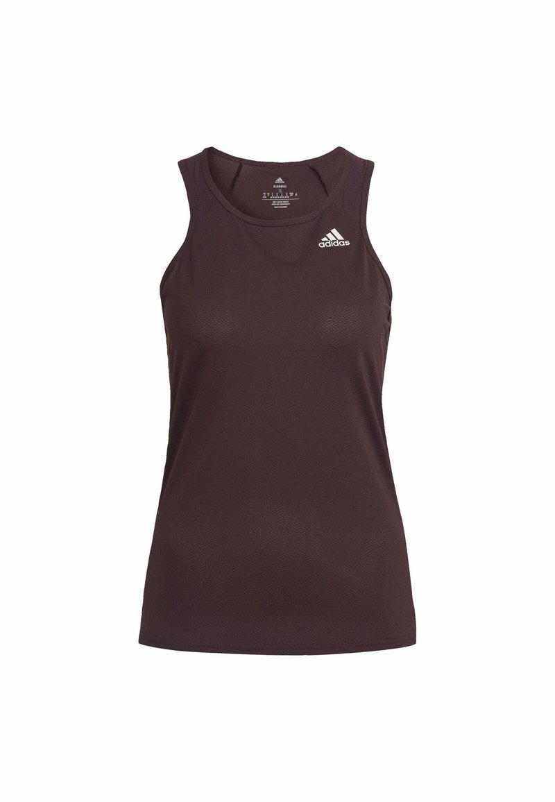 Donkerpaars tanktop gemaakt van ademend materiaal. Klassiek ontwerp met een ronde hals en een klein wit Adidas-logo op de bovenste linkerborst.