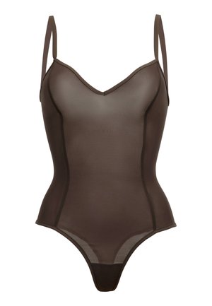 Bruine doorschijnende bodysuit met een V-halslijn, verstelbare bandjes en een naadloos ontwerp; heeft minimalistische stiksel langs de randen.