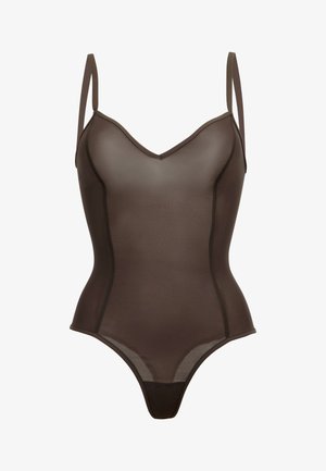 Bruine doorschijnende bodysuit met een V-halslijn, verstelbare bandjes en een naadloos ontwerp; heeft minimalistische stiksel langs de randen.