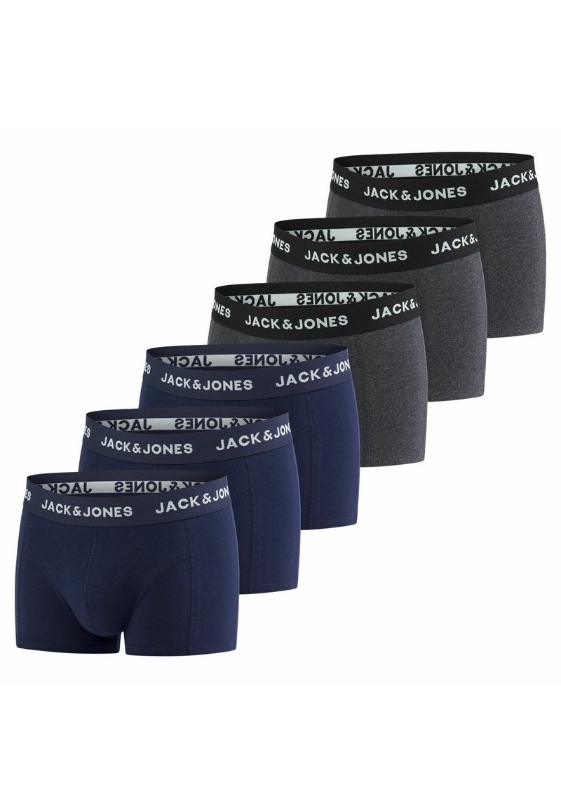 Set aus sechs Herrenboxershorts in einer Mischung aus marineblau und grau. Jedes Paar hat einen schwarzen Bund mit "JACK & JONES" in Weiß bedruckt.