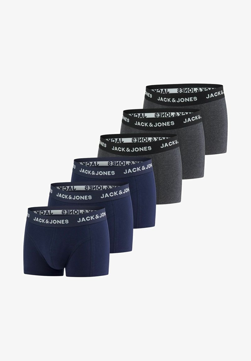 Set aus sechs Herrenboxershorts in einer Mischung aus marineblau und grau. Jedes Paar hat einen schwarzen Bund mit "JACK & JONES" in Weiß bedruckt.
