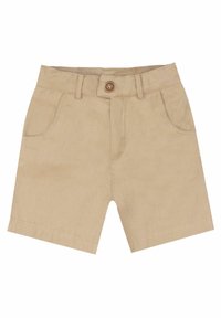 Beige katoenen shorts met een knoopsluiting, ceintuurlussen, twee voorkruiszakken en een gladde textuur. Geschikt voor casual kleding.